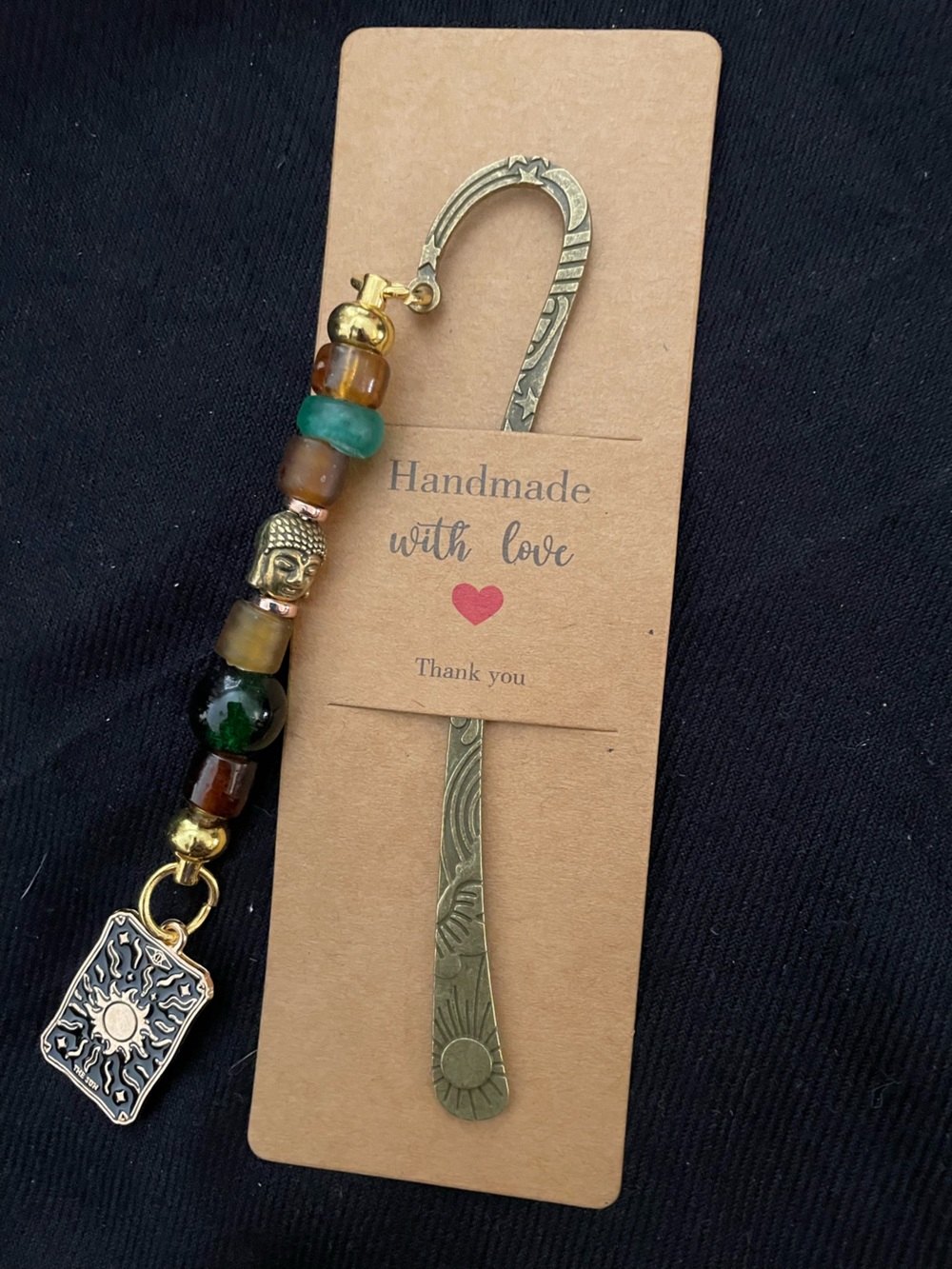Boho Beaded Tarot Card and Buddha Charm Bookmark - Green & Brown